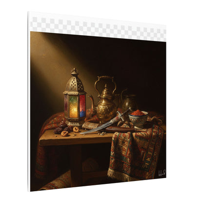 Oriental Still Life Canvas — Vintage Brass Teapot & Lantern Wall Art
