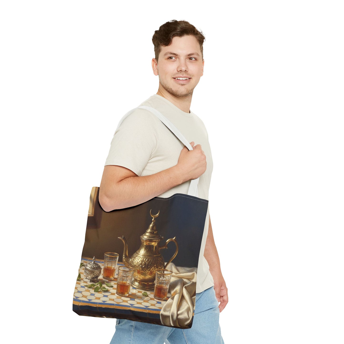 Moroccan Tea Set Tote Bag — Brass Teapot & Glasses AOP Tote