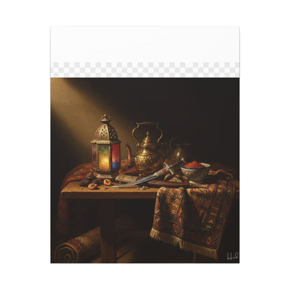 Oriental Still Life Canvas — Vintage Brass Teapot & Lantern Wall Art