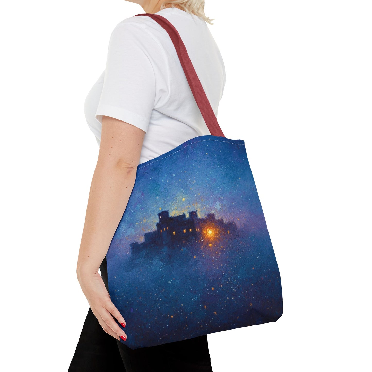 Starry Night Castle Tote Bag — Mystical Galaxy Scene All-Over Print
