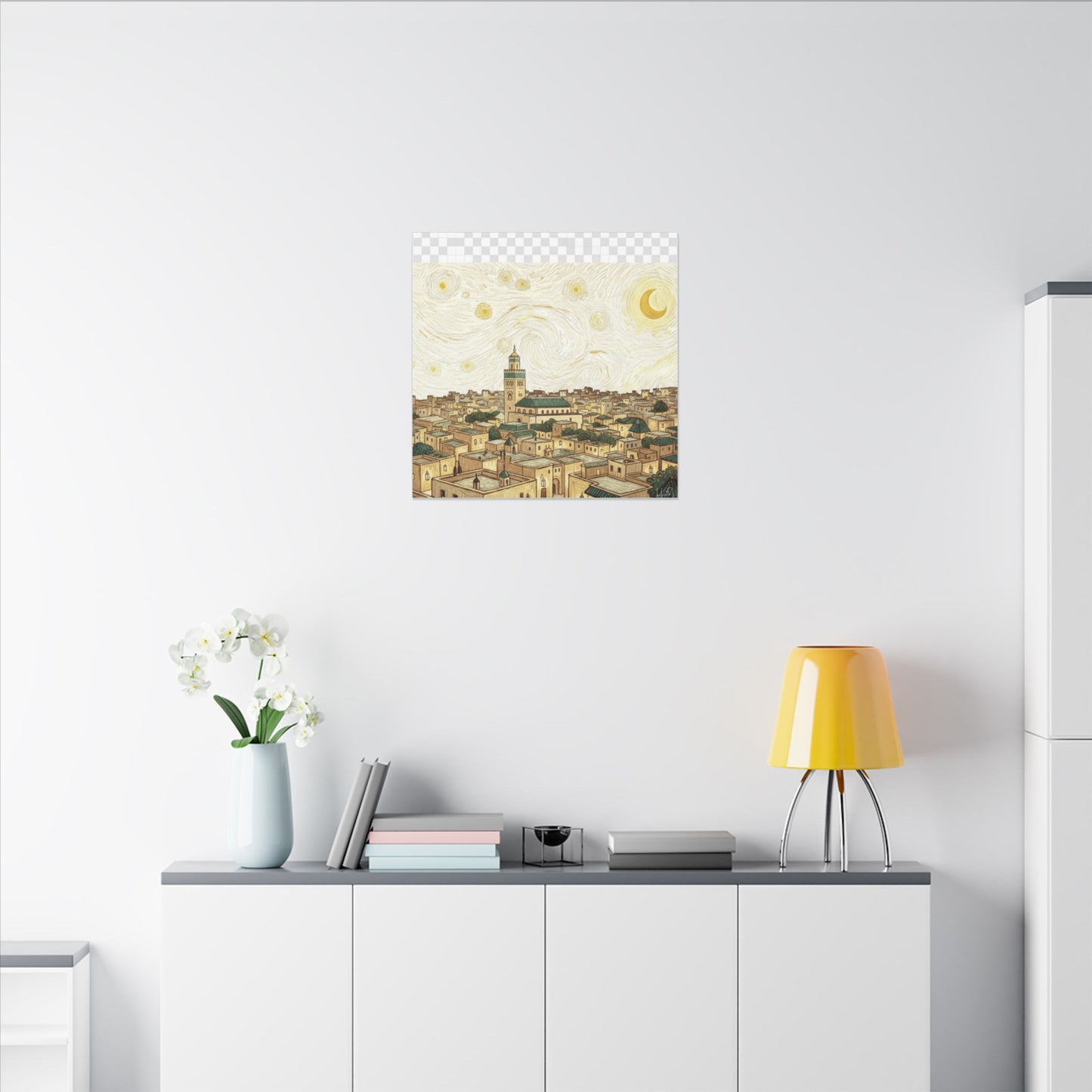 Moroccan Cityscape Canvas Print — Starry Night-Inspired Mosque Wall Art