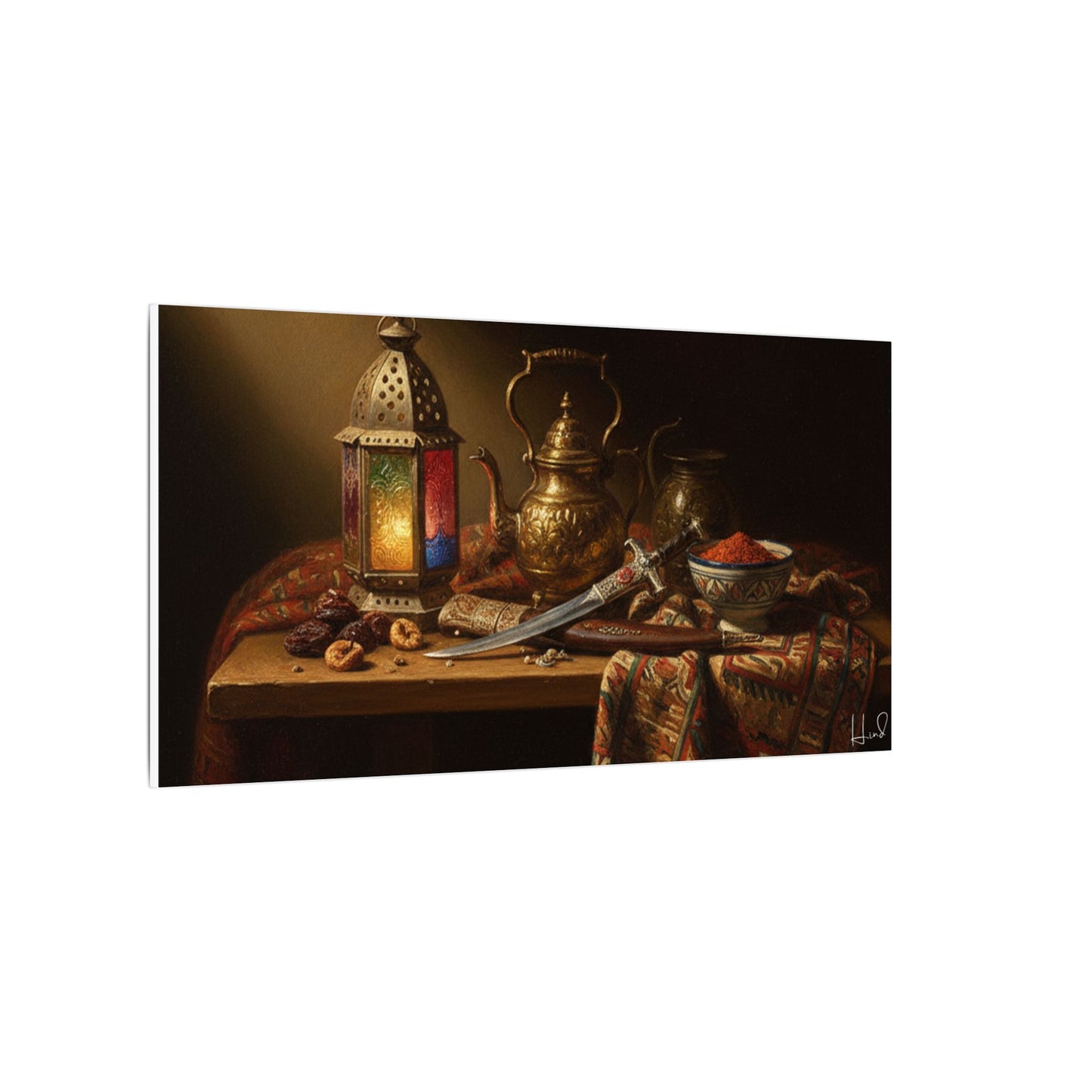 Oriental Still Life Canvas — Vintage Brass Teapot & Lantern Wall Art