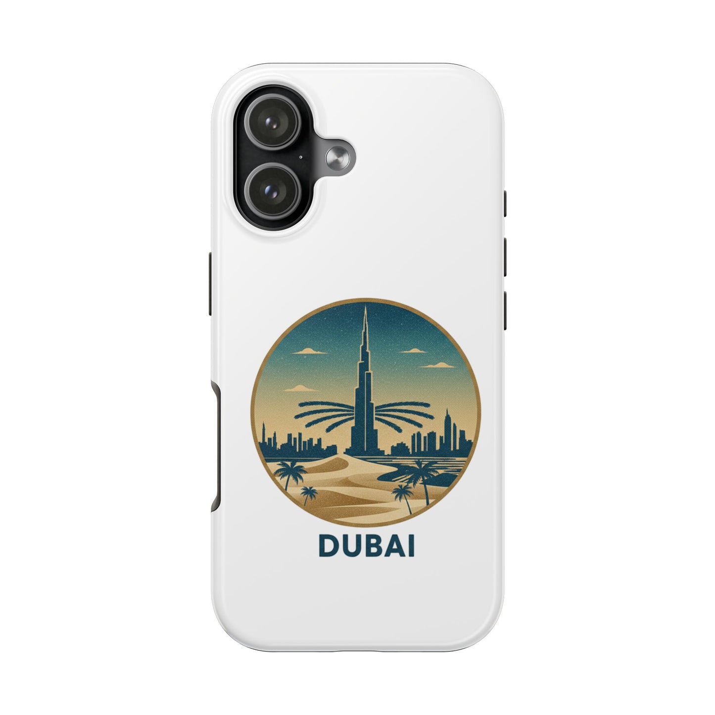 Coque de téléphone résistante motif skyline de Dubaï — Étui de voyage rétro palmiers du désert