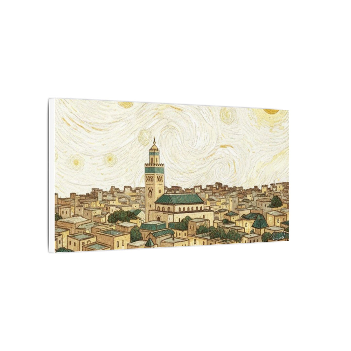 Moroccan Cityscape Canvas Print — Starry Night-Inspired Mosque Wall Art