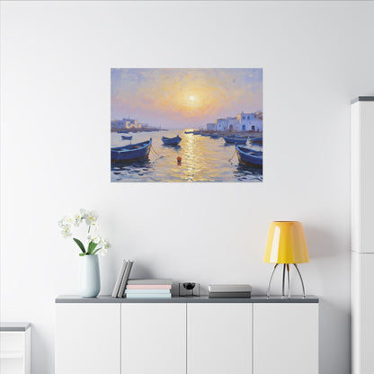 Seaside Sunset Canvas Print — Boats on Tranquil Harbor Wall Art