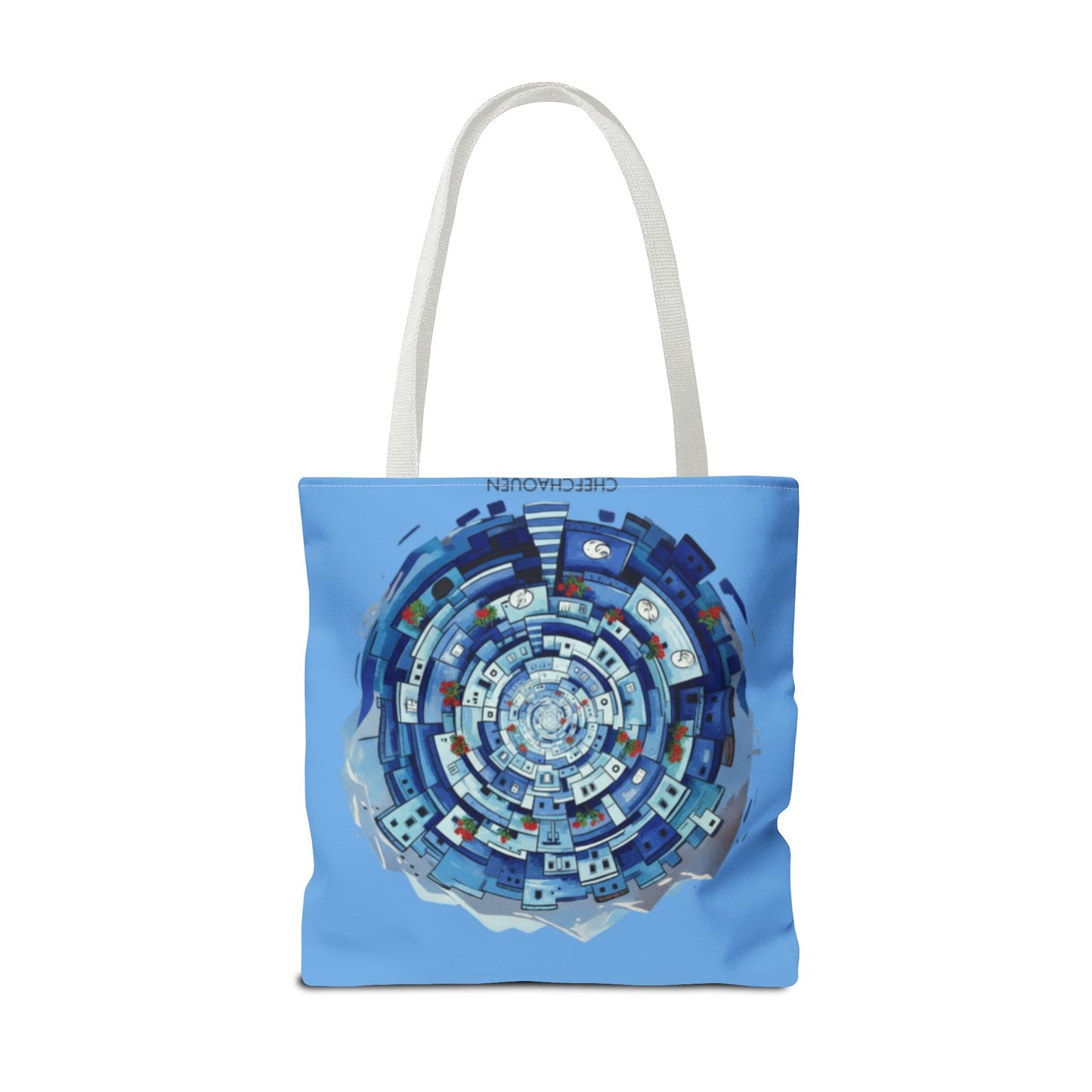 Blue Circular Cityscape Tote Bag — Abstract Urban Spiral All-Over Print Tote