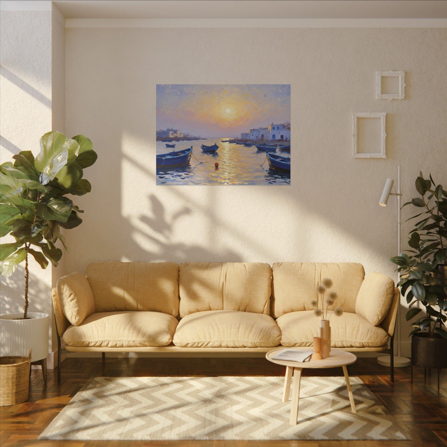 Seaside Sunset Canvas Print — Boats on Tranquil Harbor Wall Art