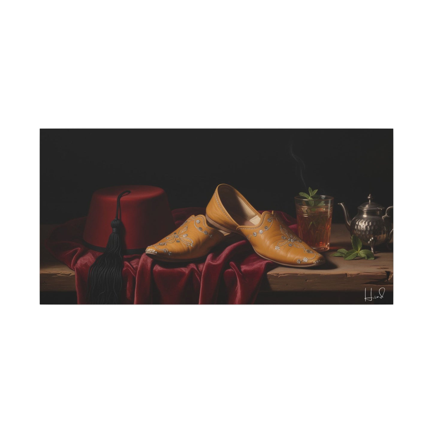 Nature morte sur toile — Chaussures en cuir et fez, décoration murale