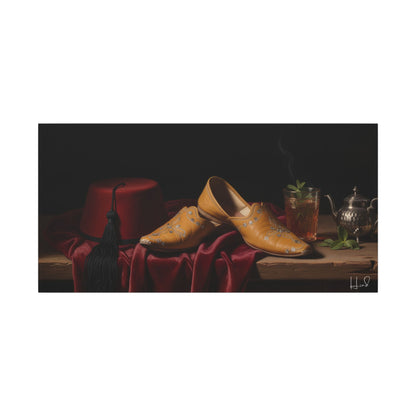 Nature morte sur toile — Chaussures en cuir et fez, décoration murale