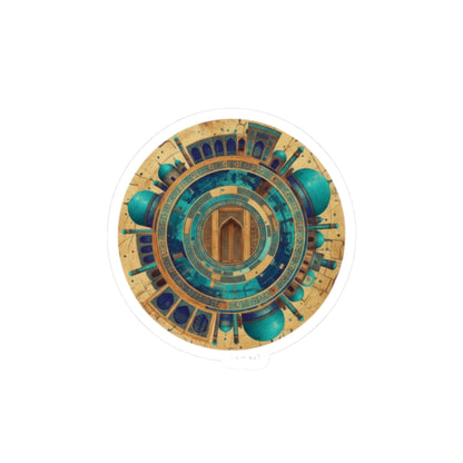 Islamic Geometric Mosque Sticker — Blue & Gold Architectural Mandala Kiss-Cut Sticker