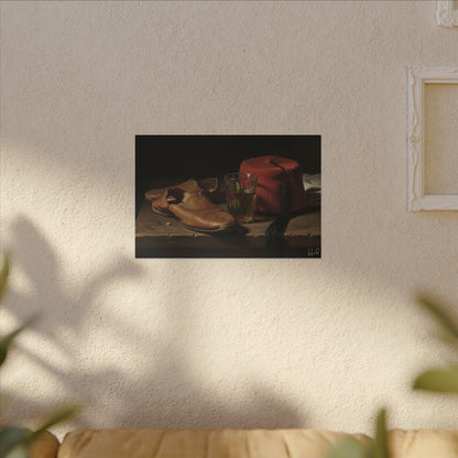 Still Life Canvas Print — Leather Shoes & Red Fez Wall Art