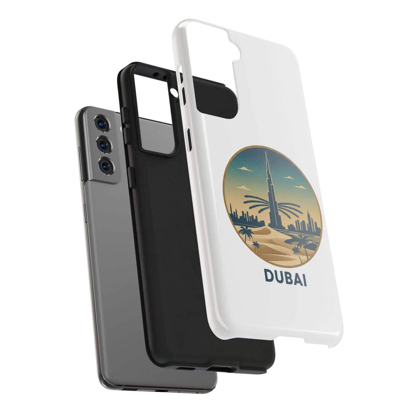 Coque de téléphone résistante motif skyline de Dubaï — Étui de voyage rétro palmiers du désert