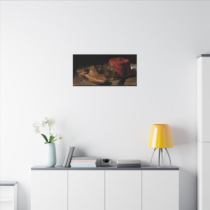 Still Life Canvas Print — Leather Shoes & Red Fez Wall Art