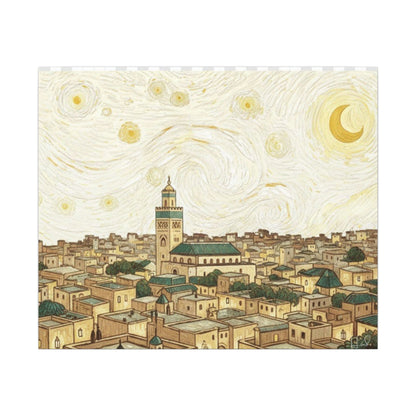 Moroccan Cityscape Canvas Print — Starry Night-Inspired Mosque Wall Art