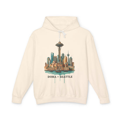 Doha x Seattle Skyline Hoodie — Retro Cityscape Pullover