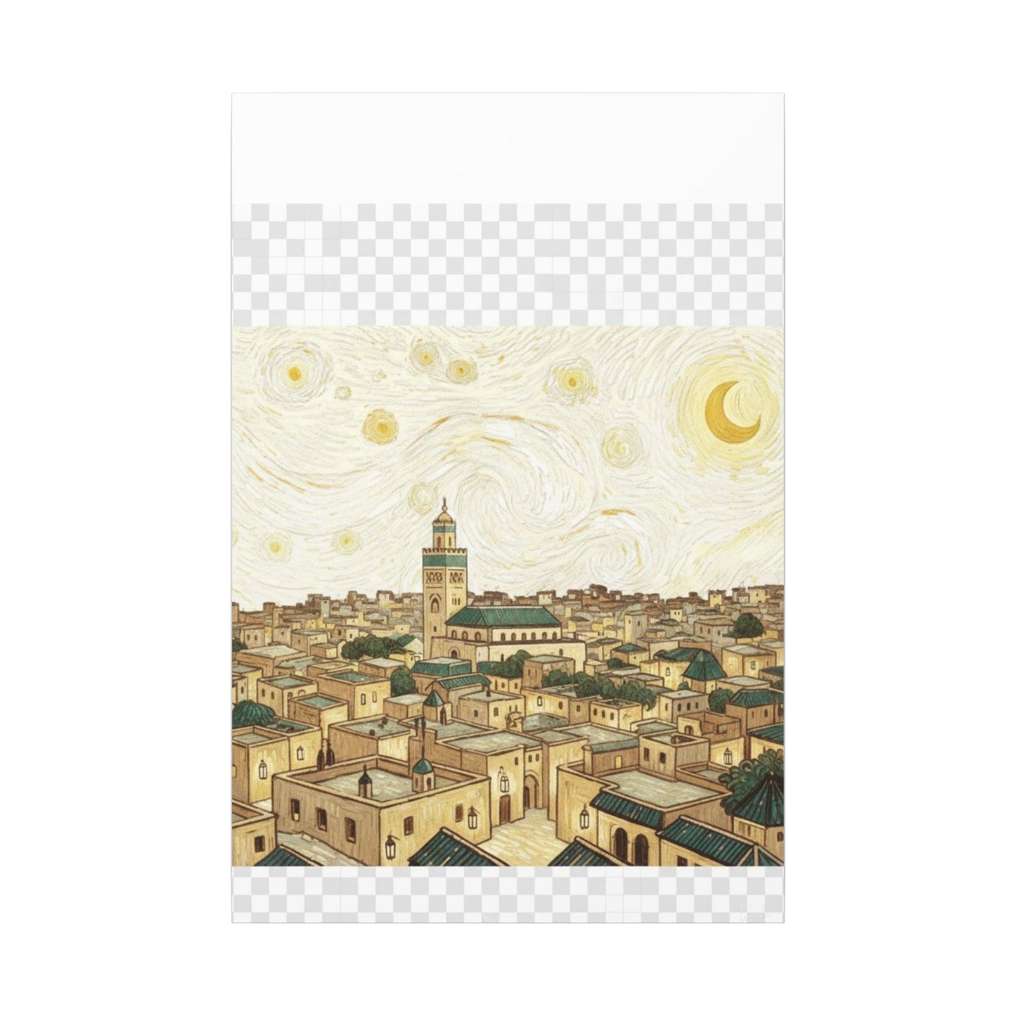 Moroccan Cityscape Canvas Print — Starry Night-Inspired Mosque Wall Art