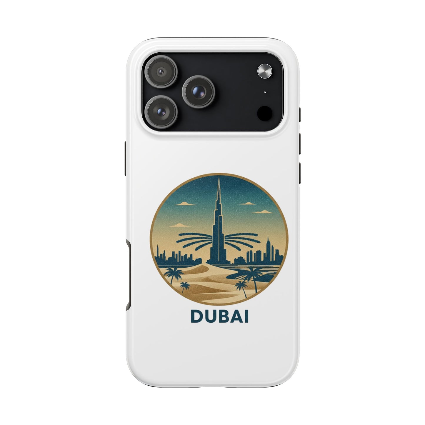 Coque de téléphone résistante motif skyline de Dubaï — Étui de voyage rétro palmiers du désert