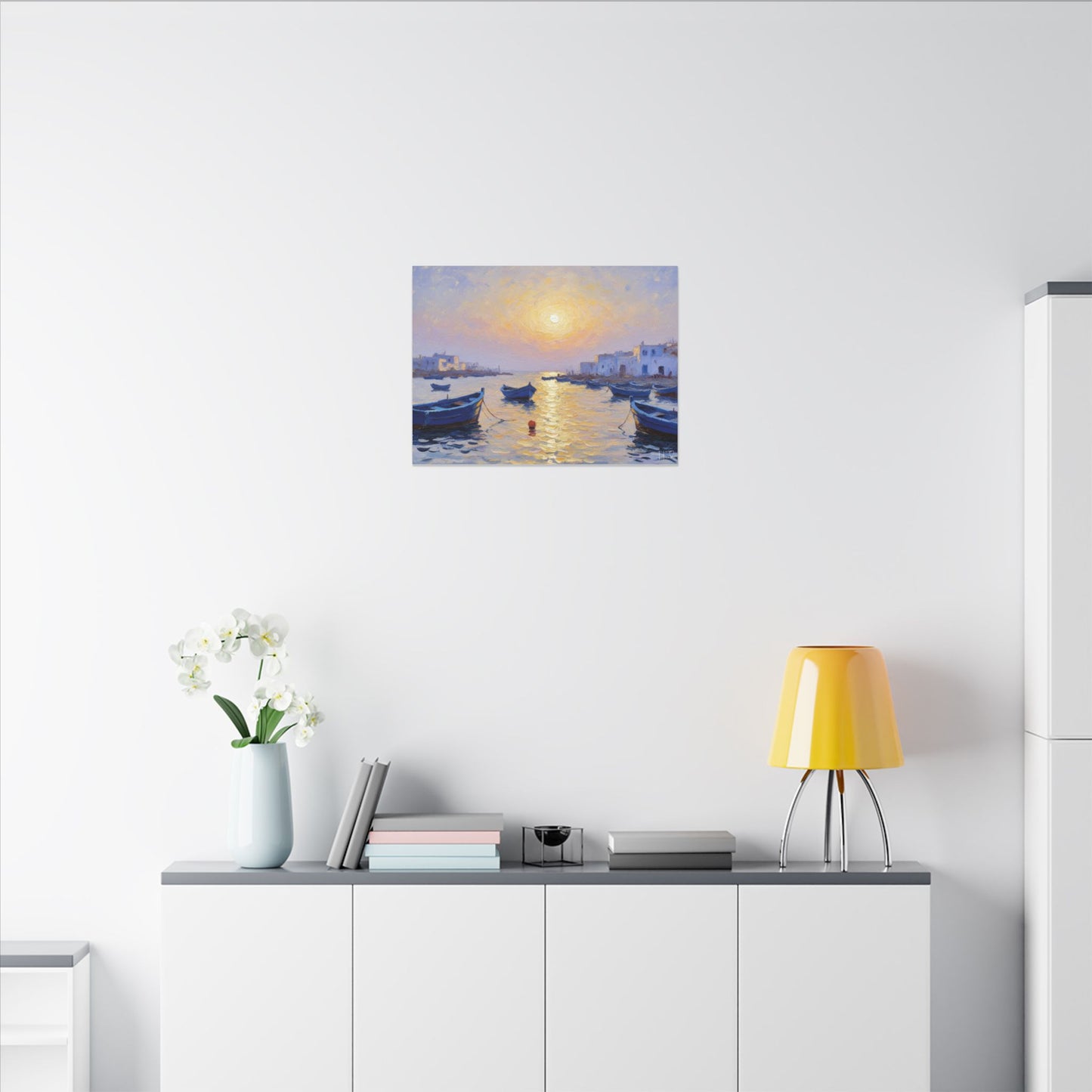 Seaside Sunset Canvas Print — Boats on Tranquil Harbor Wall Art