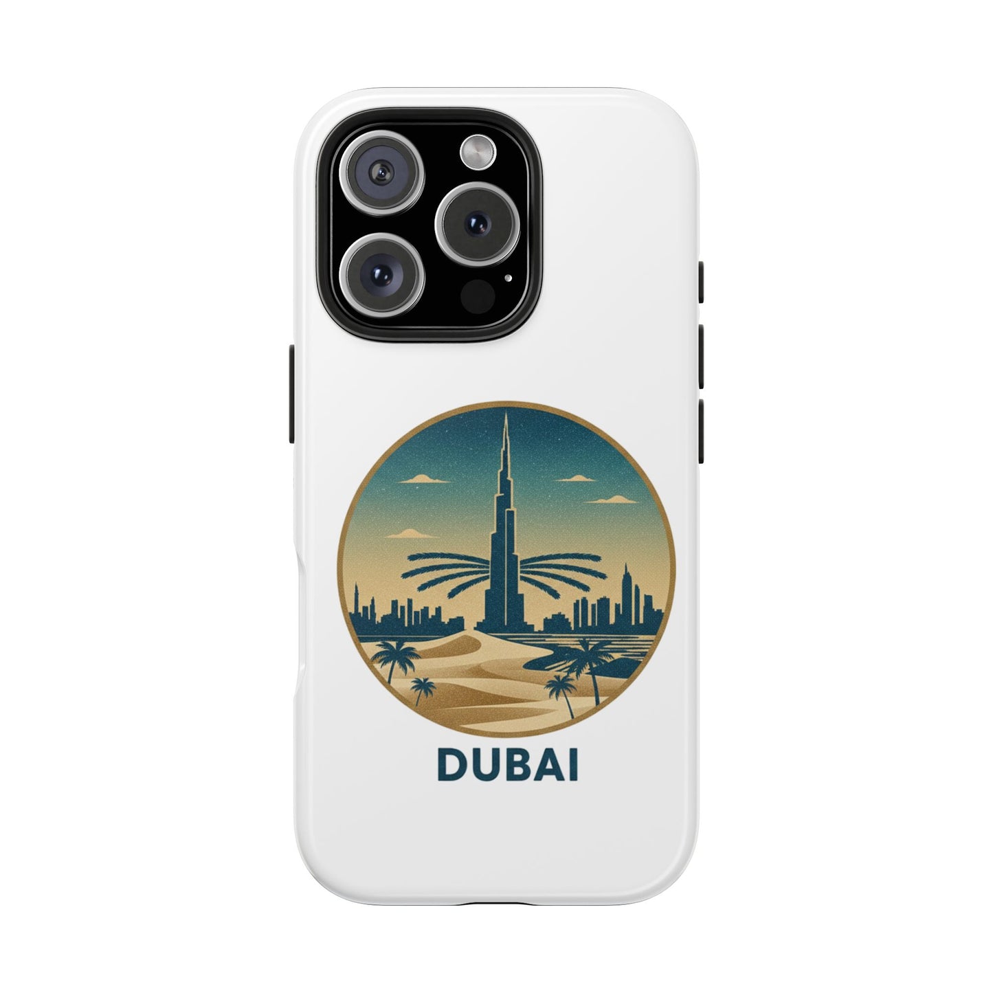Coque de téléphone résistante motif skyline de Dubaï — Étui de voyage rétro palmiers du désert
