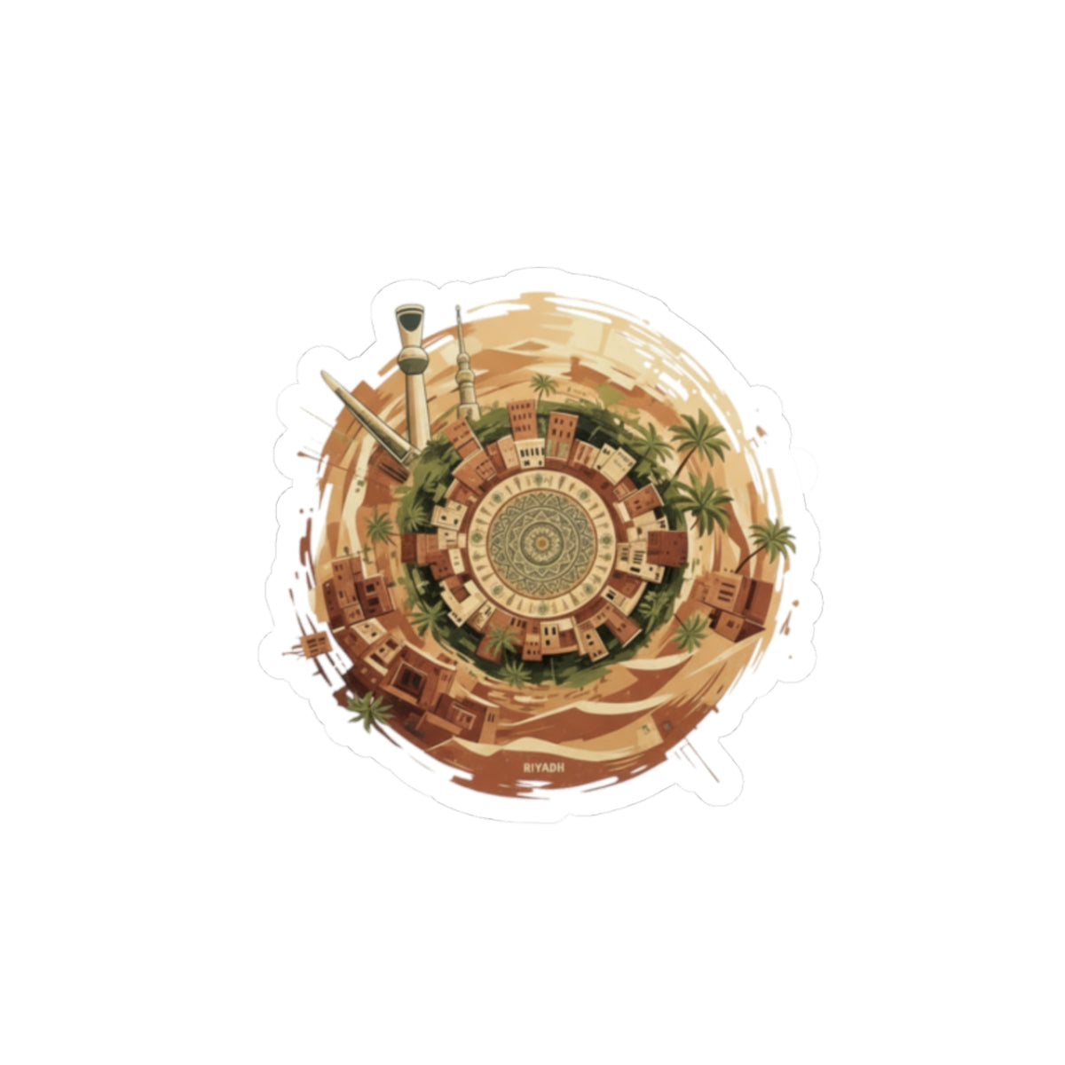 Desert Oasis Round Sticker — Kiss-Cut Moroccan Cityscape Sticker