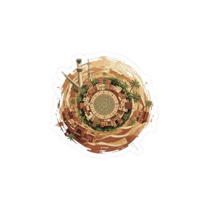 Desert Oasis Round Sticker — Kiss-Cut Moroccan Cityscape Sticker