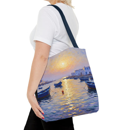 Sunset Harbor Tote Bag - Seaside Boats Art Print