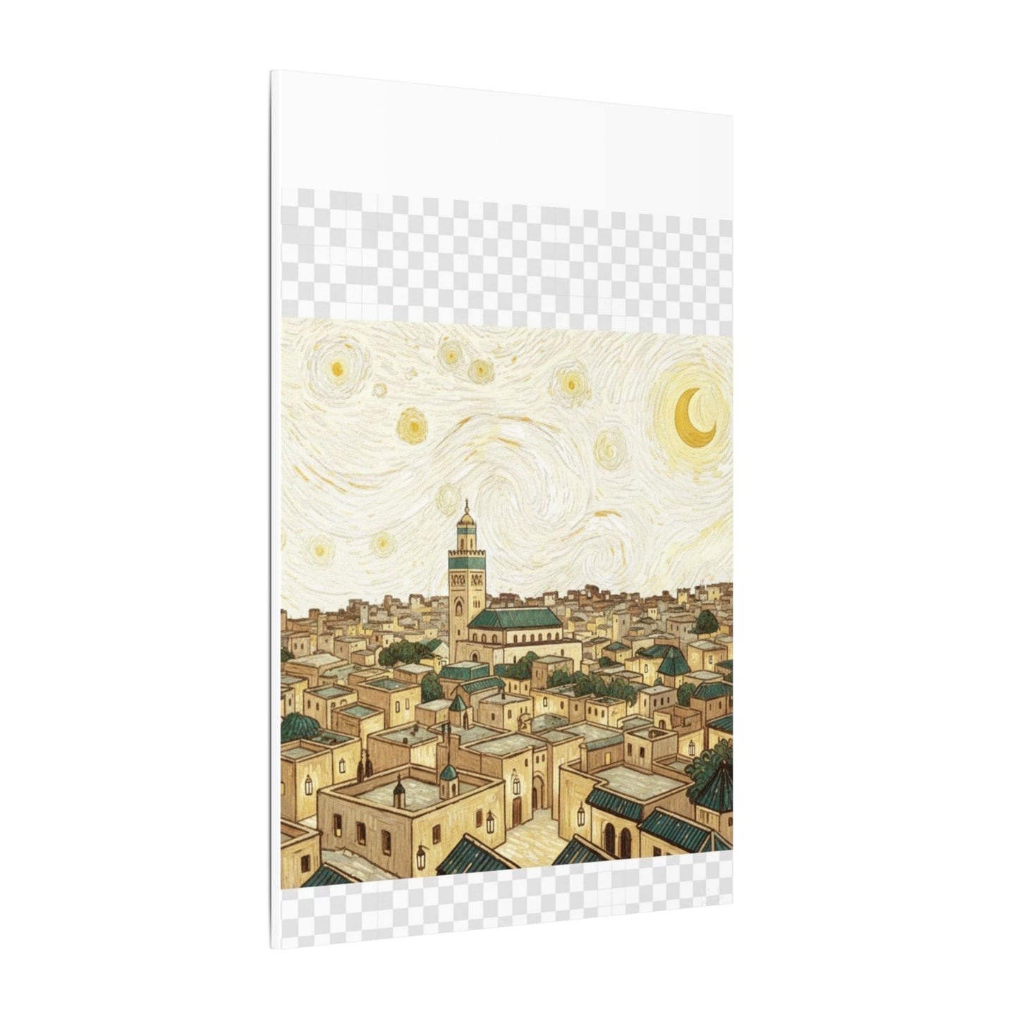 Moroccan Cityscape Canvas Print — Starry Night-Inspired Mosque Wall Art
