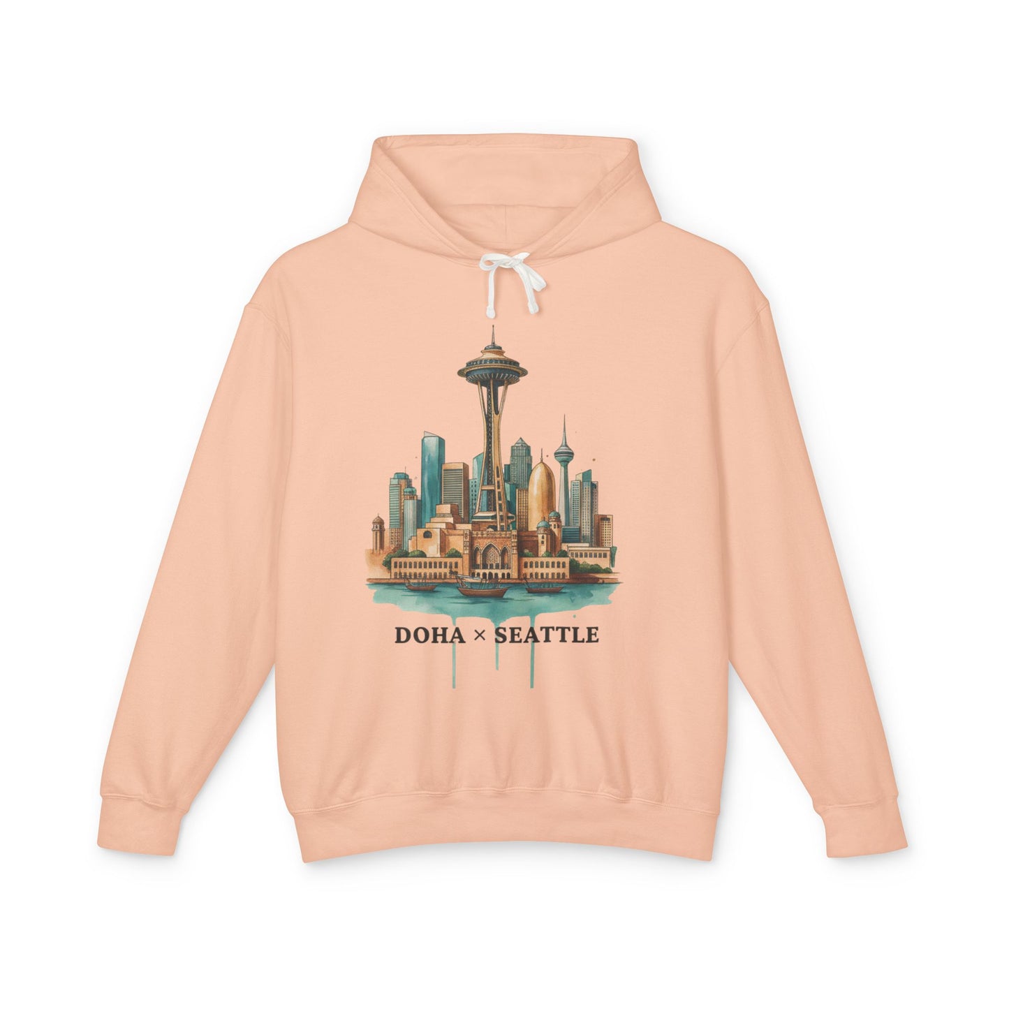 Doha x Seattle Skyline Hoodie — Retro Cityscape Pullover
