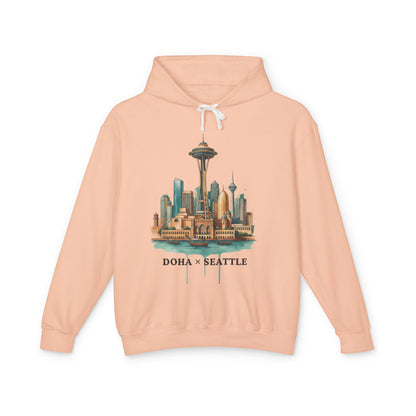Doha x Seattle Skyline Hoodie — Retro Cityscape Pullover
