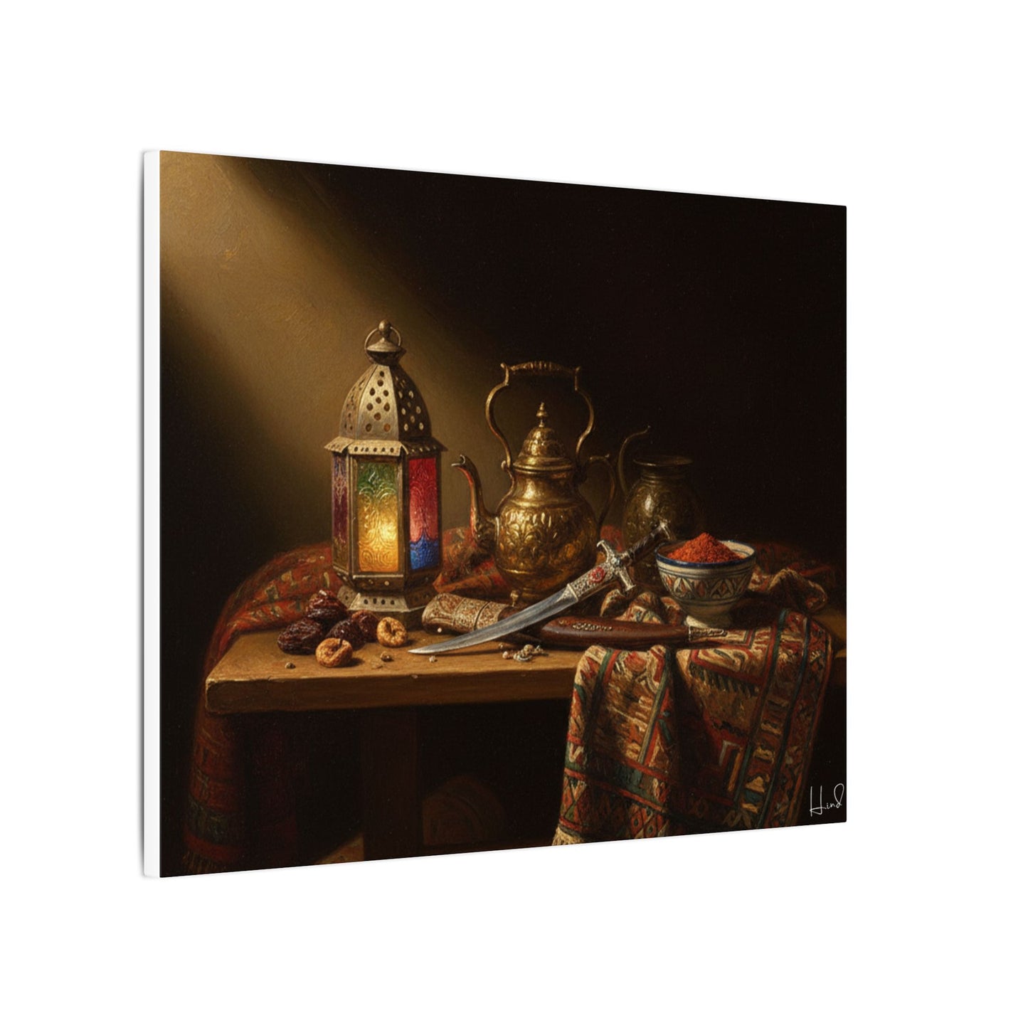 Oriental Still Life Canvas — Vintage Brass Teapot & Lantern Wall Art