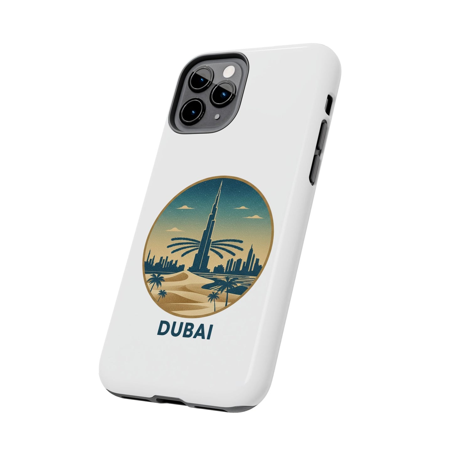 Coque de téléphone résistante motif skyline de Dubaï — Étui de voyage rétro palmiers du désert