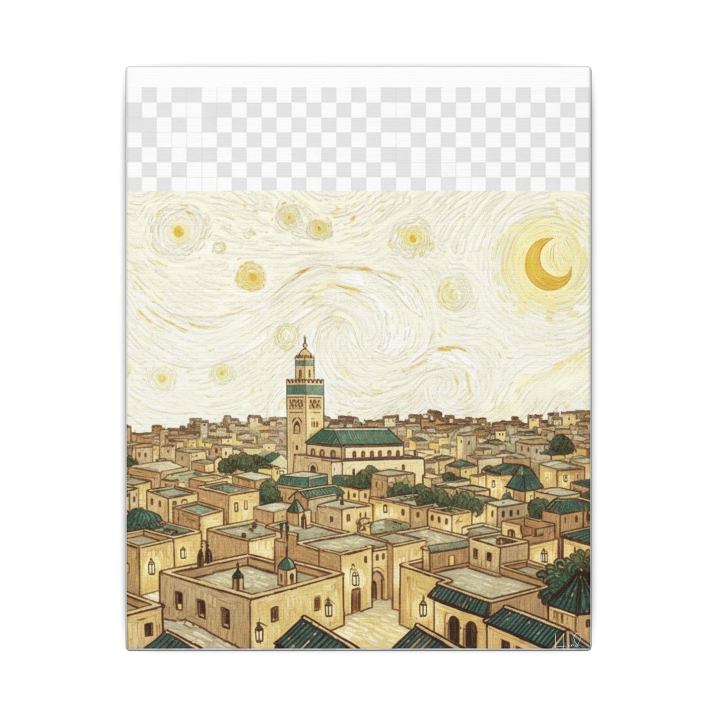 Moroccan Cityscape Canvas Print — Starry Night-Inspired Mosque Wall Art
