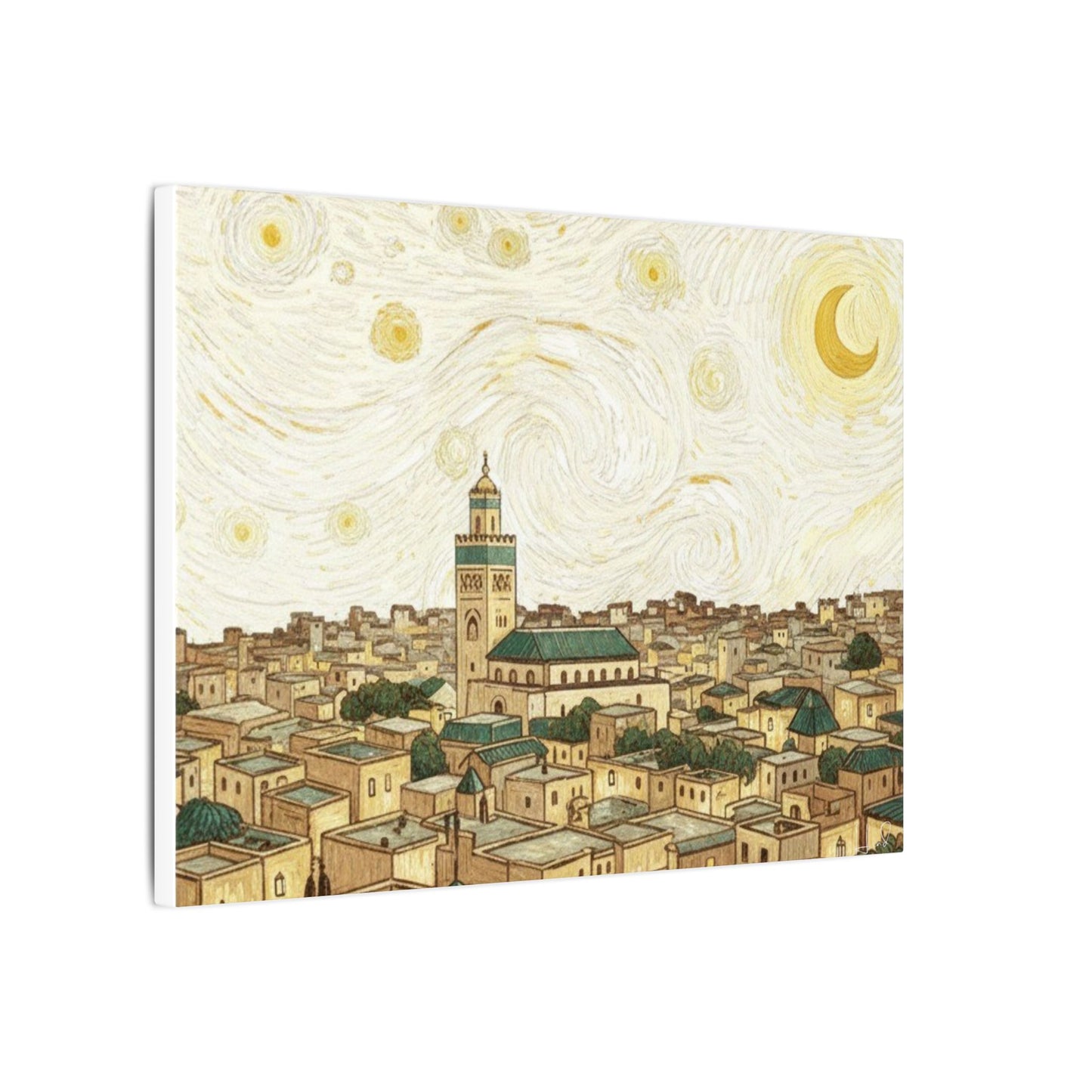 Moroccan Cityscape Canvas Print — Starry Night-Inspired Mosque Wall Art