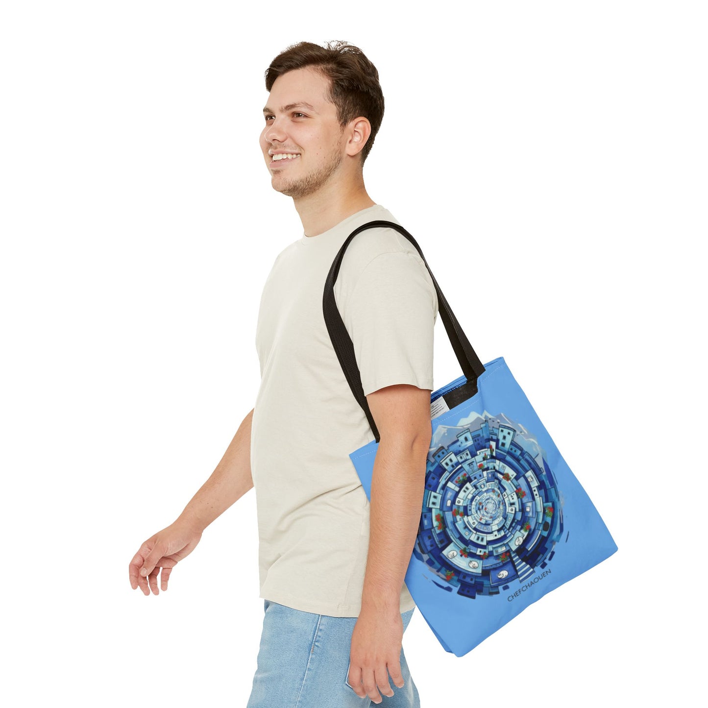 Blue Circular Cityscape Tote Bag — Abstract Urban Spiral All-Over Print Tote