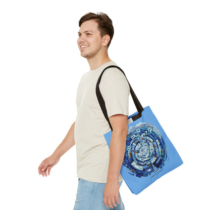 Blue Circular Cityscape Tote Bag — Abstract Urban Spiral All-Over Print Tote