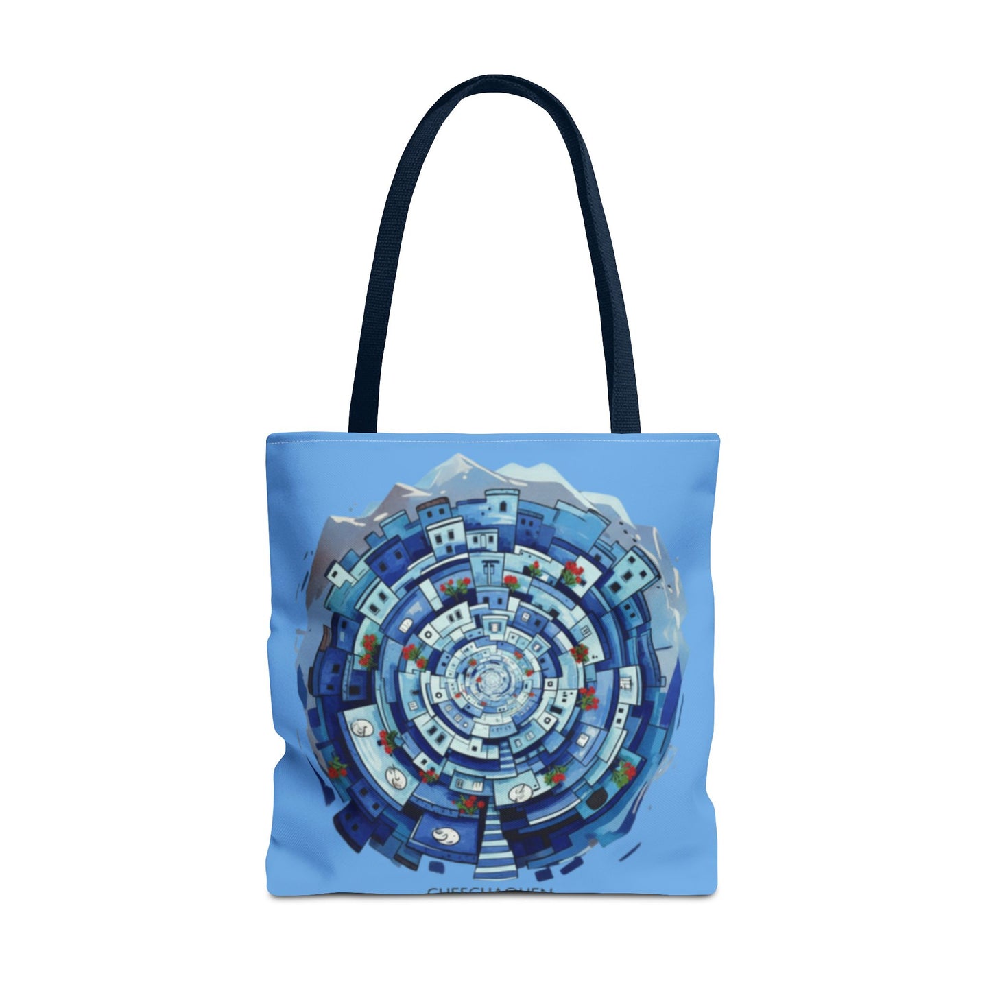 Blue Circular Cityscape Tote Bag — Abstract Urban Spiral All-Over Print Tote