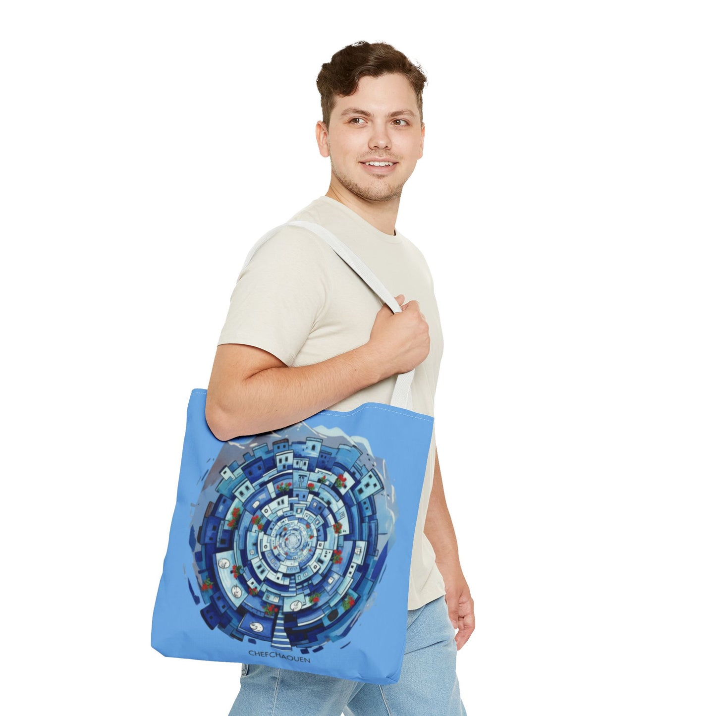 Blue Circular Cityscape Tote Bag — Abstract Urban Spiral All-Over Print Tote