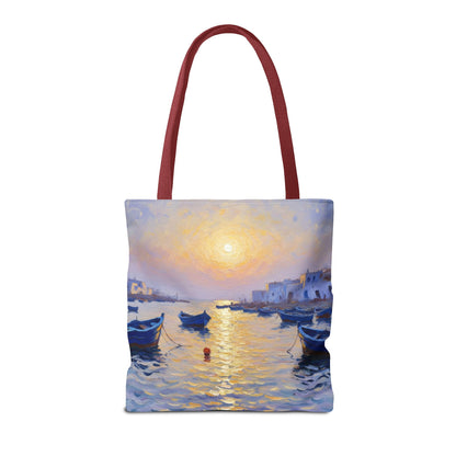 Sunset Harbor Tote Bag - Seaside Boats Art Print