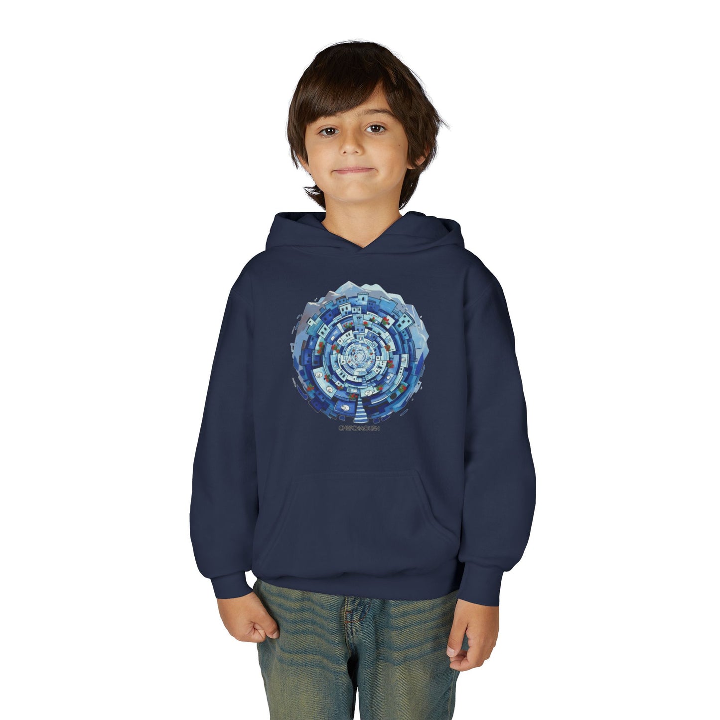 Youth Hoodie — Blue Geometric Mandala Graphic