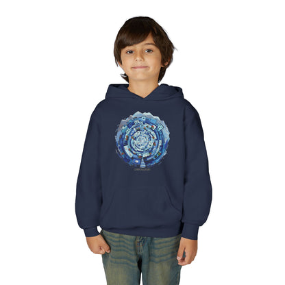 Youth Hoodie — Blue Geometric Mandala Graphic