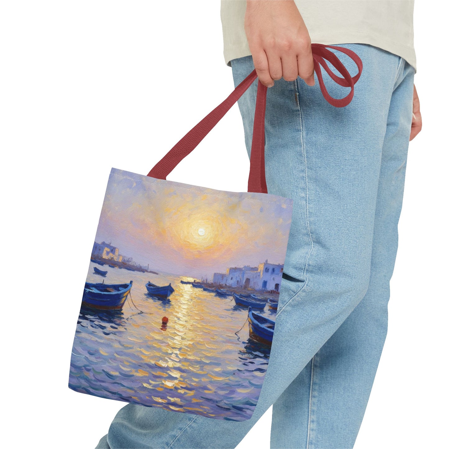 Sunset Harbor Tote Bag - Seaside Boats Art Print