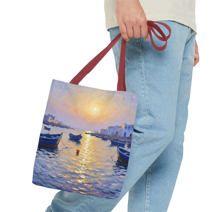 Sunset Harbor Tote Bag - Seaside Boats Art Print