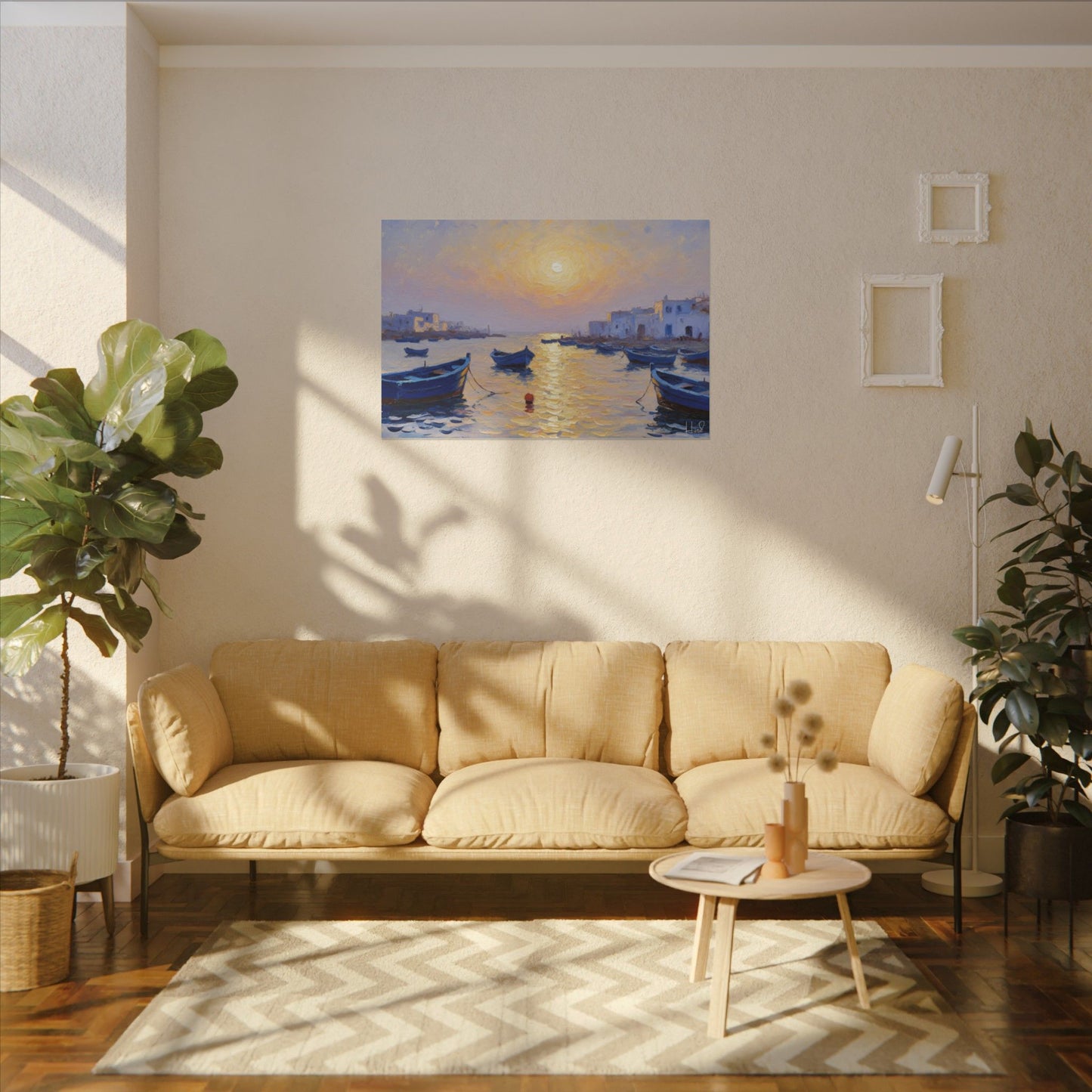 Seaside Sunset Canvas Print — Boats on Tranquil Harbor Wall Art