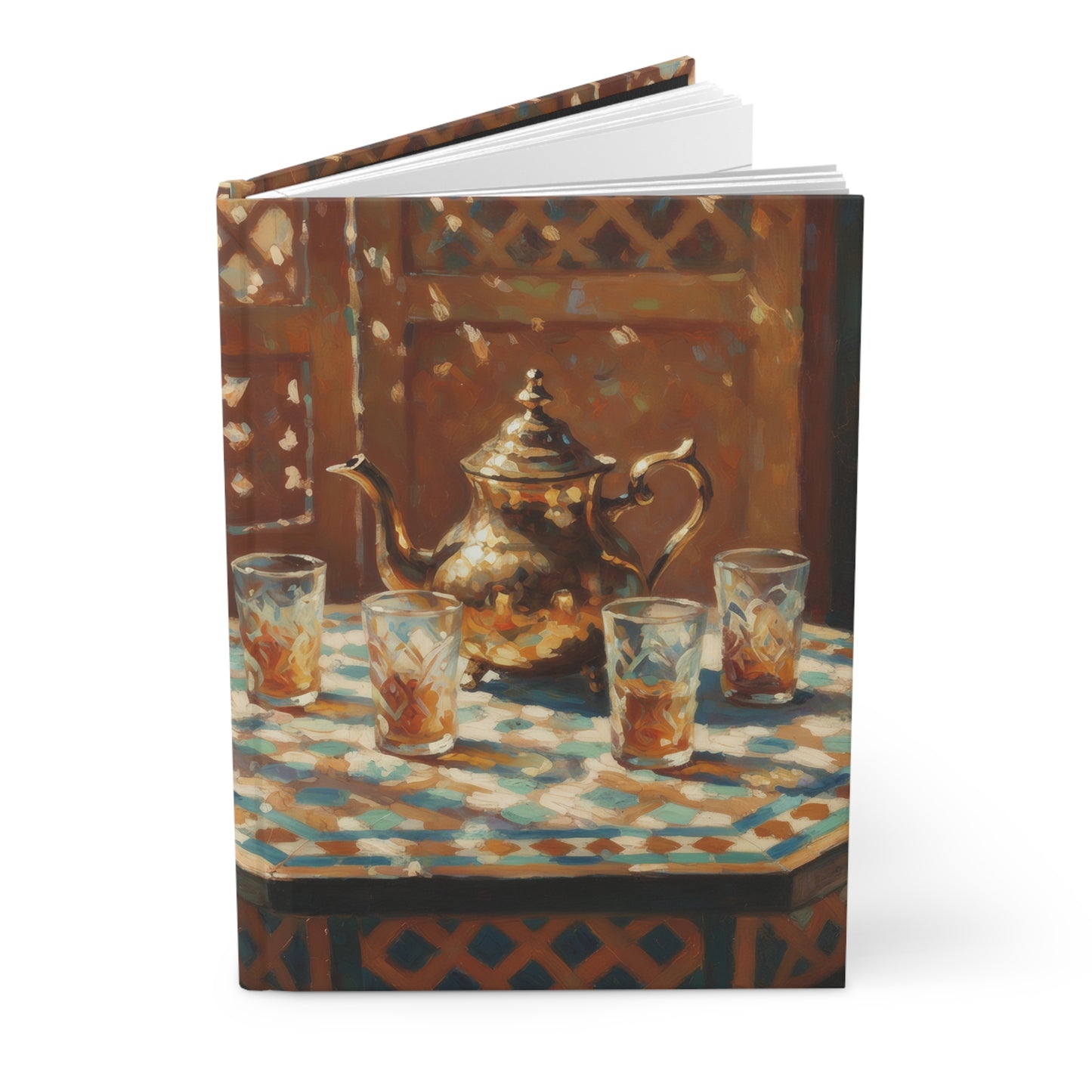 Moroccan Tea Set Hardcover Journal — Vintage Teapot & Glasses Notebook