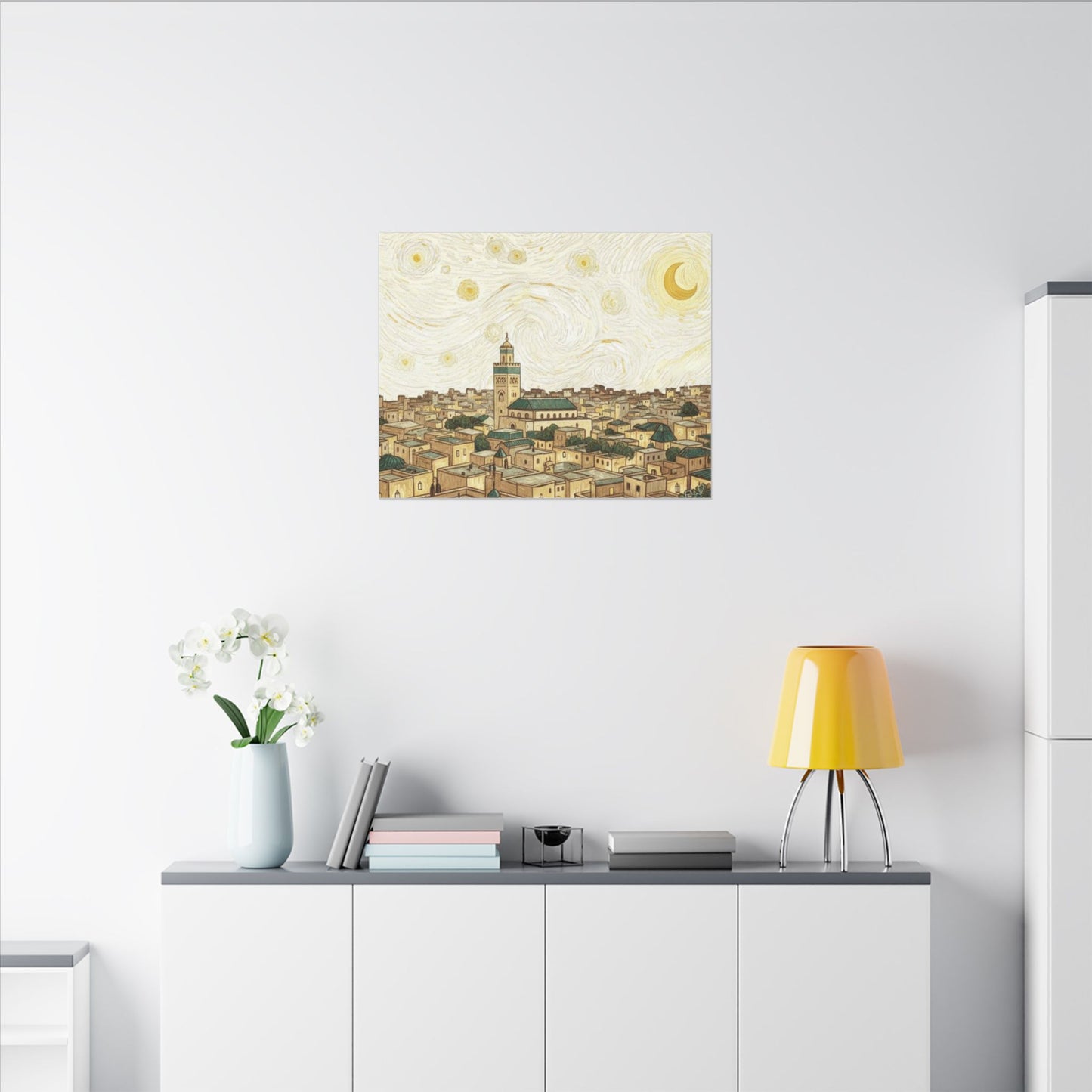 Moroccan Cityscape Canvas Print — Starry Night-Inspired Mosque Wall Art