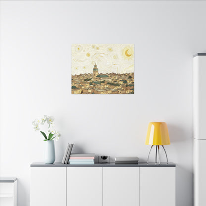 Moroccan Cityscape Canvas Print — Starry Night-Inspired Mosque Wall Art