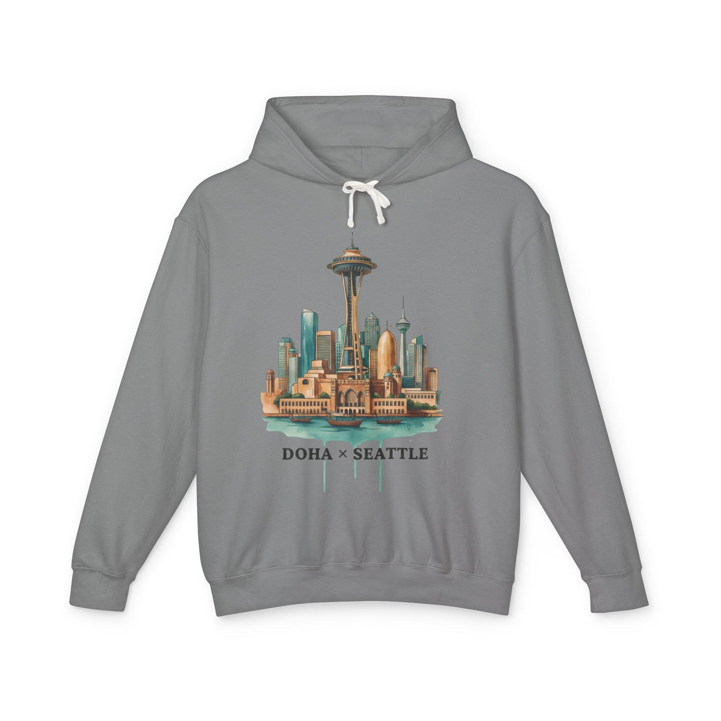 Doha x Seattle Skyline Hoodie — Retro Cityscape Pullover