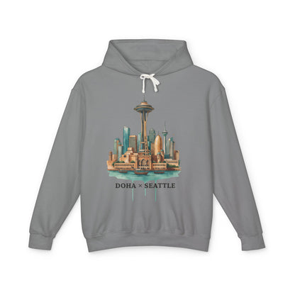 Doha x Seattle Skyline Hoodie — Retro Cityscape Pullover