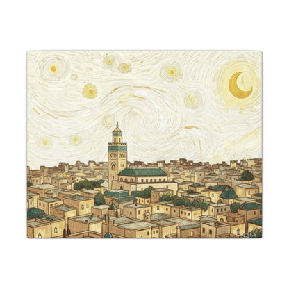 Moroccan Cityscape Canvas Print — Starry Night-Inspired Mosque Wall Art