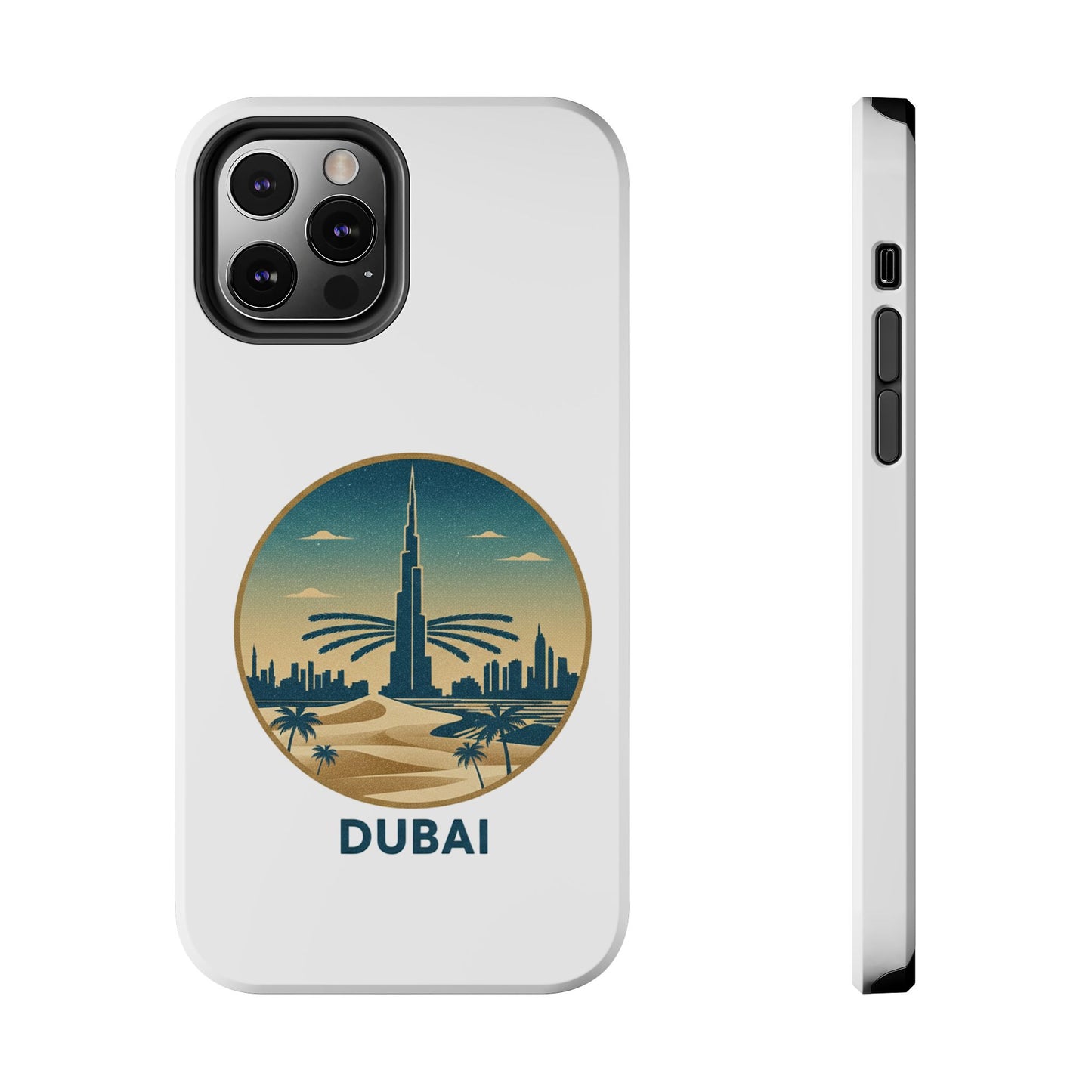 Coque de téléphone résistante motif skyline de Dubaï — Étui de voyage rétro palmiers du désert